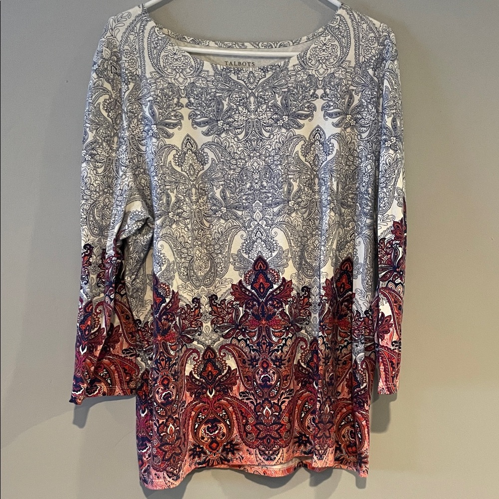 Talbots Women's Long Sleeve Paisley Top - Gray and Red pink